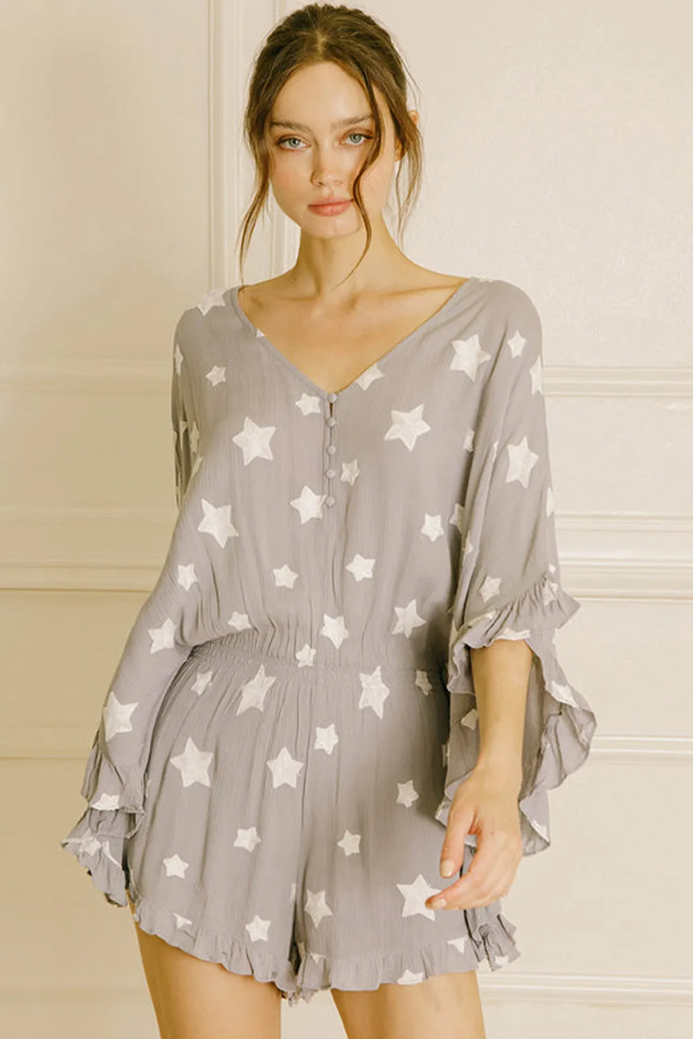 Grey Star Print Crinkle Textured Kimono Ruffle Sleeve Romper sold by Beagle Boutique product image thumbnail 4