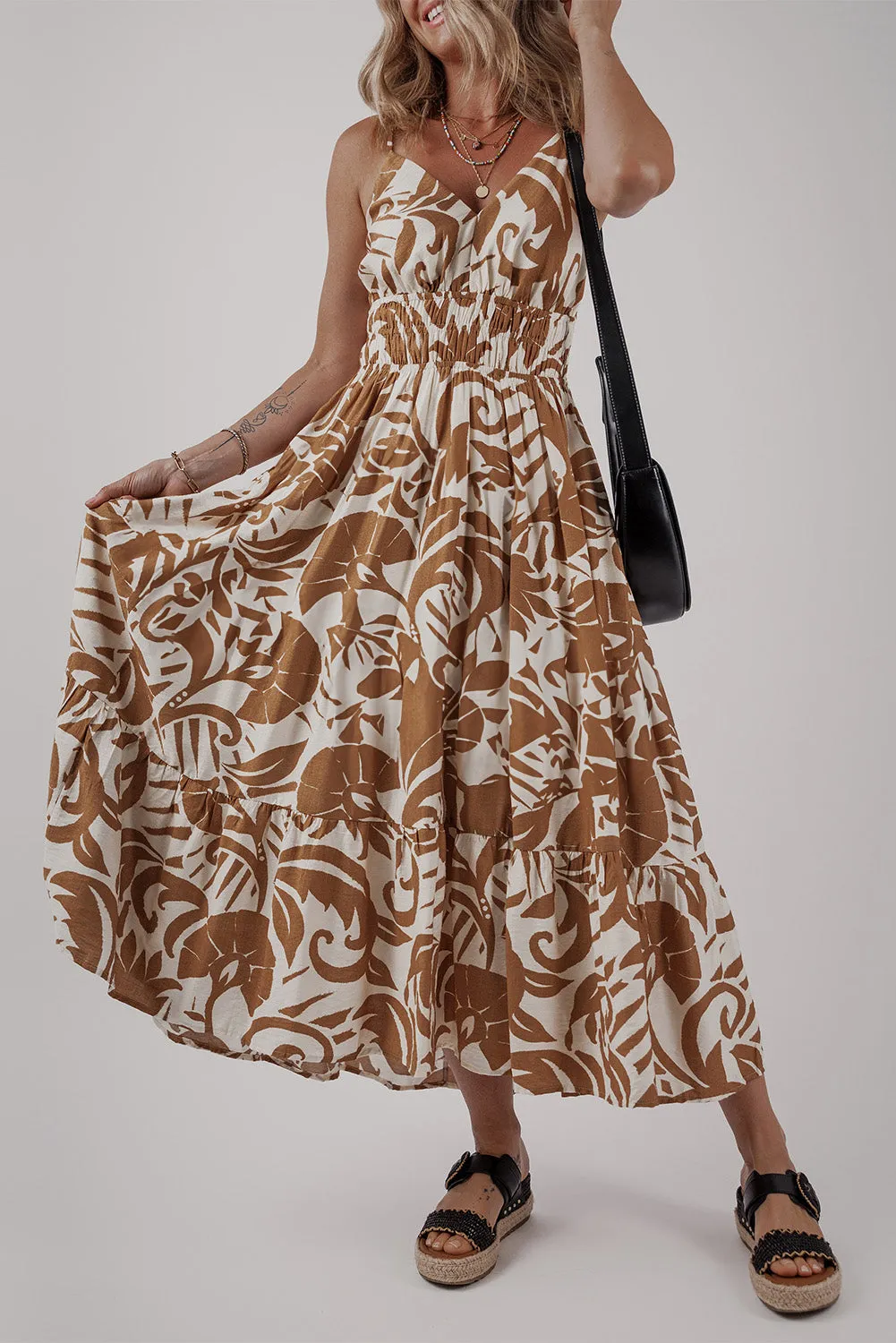 Khaki Floral Shirred High Waist Spaghetti Straps Maxi Dress sold by Beagle Boutique product image thumbnail 3