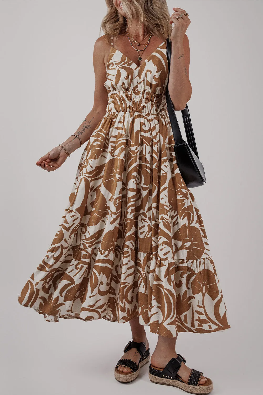 Khaki Floral Shirred High Waist Spaghetti Straps Maxi Dress sold by Beagle Boutique