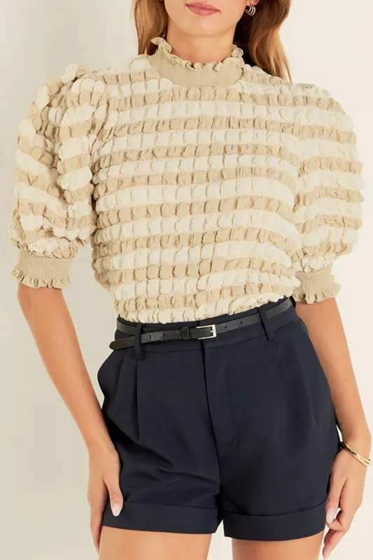 Beige Textured Mock Neck Short Sleeve Top sold by Beagle Boutique