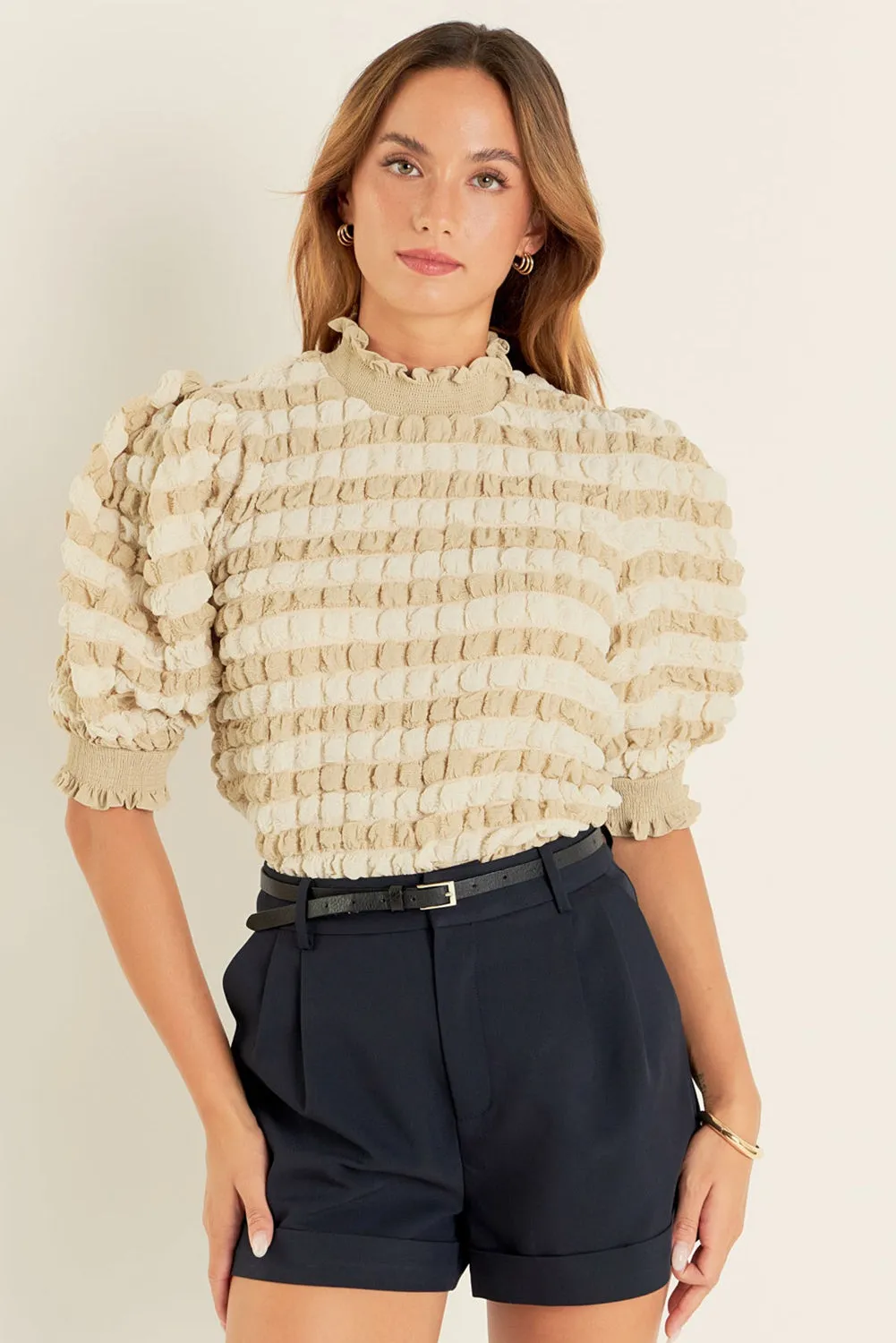 Beige Textured Mock Neck Short Sleeve Top sold by Beagle Boutique product image thumbnail 4