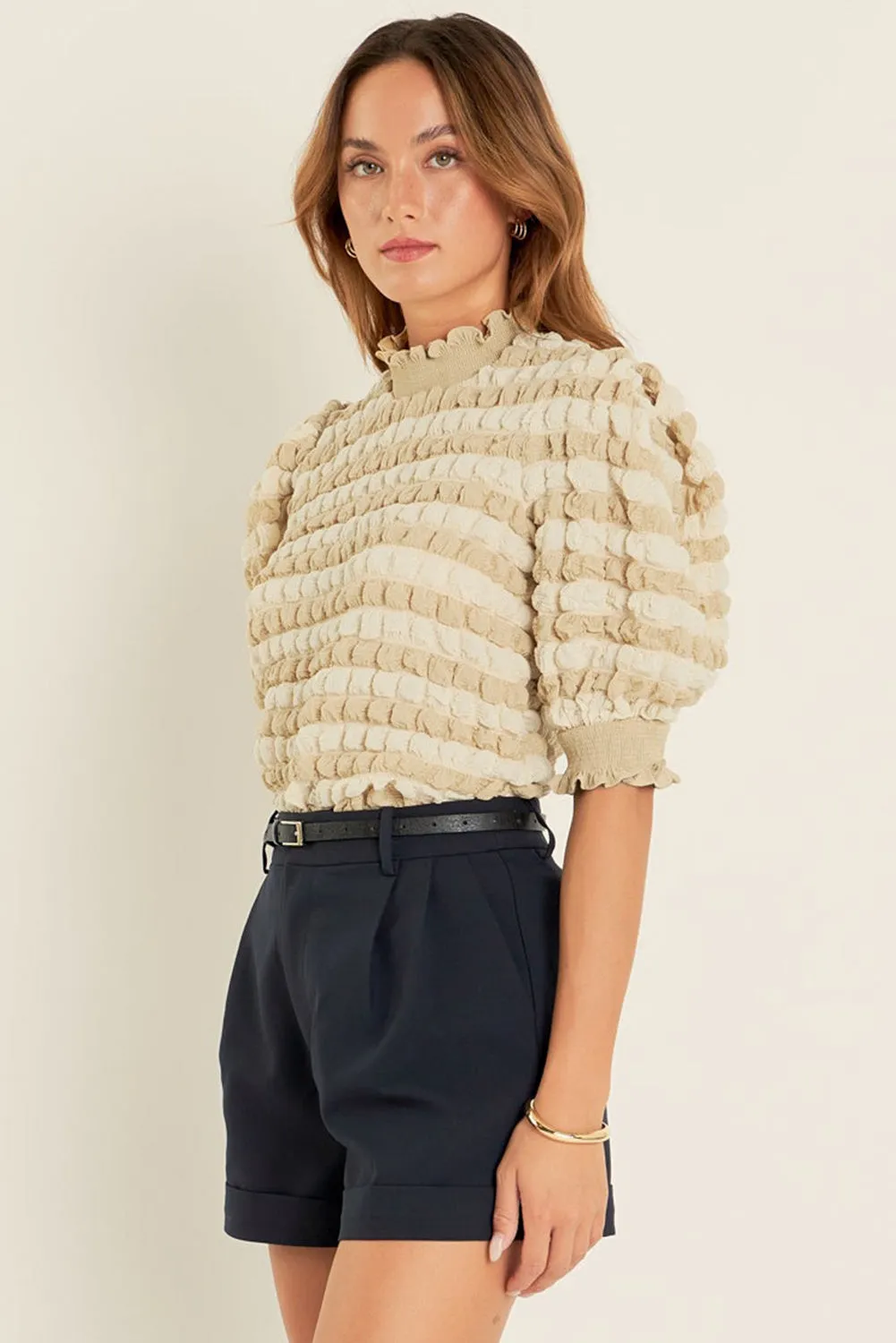 Beige Textured Mock Neck Short Sleeve Top sold by Beagle Boutique product image thumbnail 3
