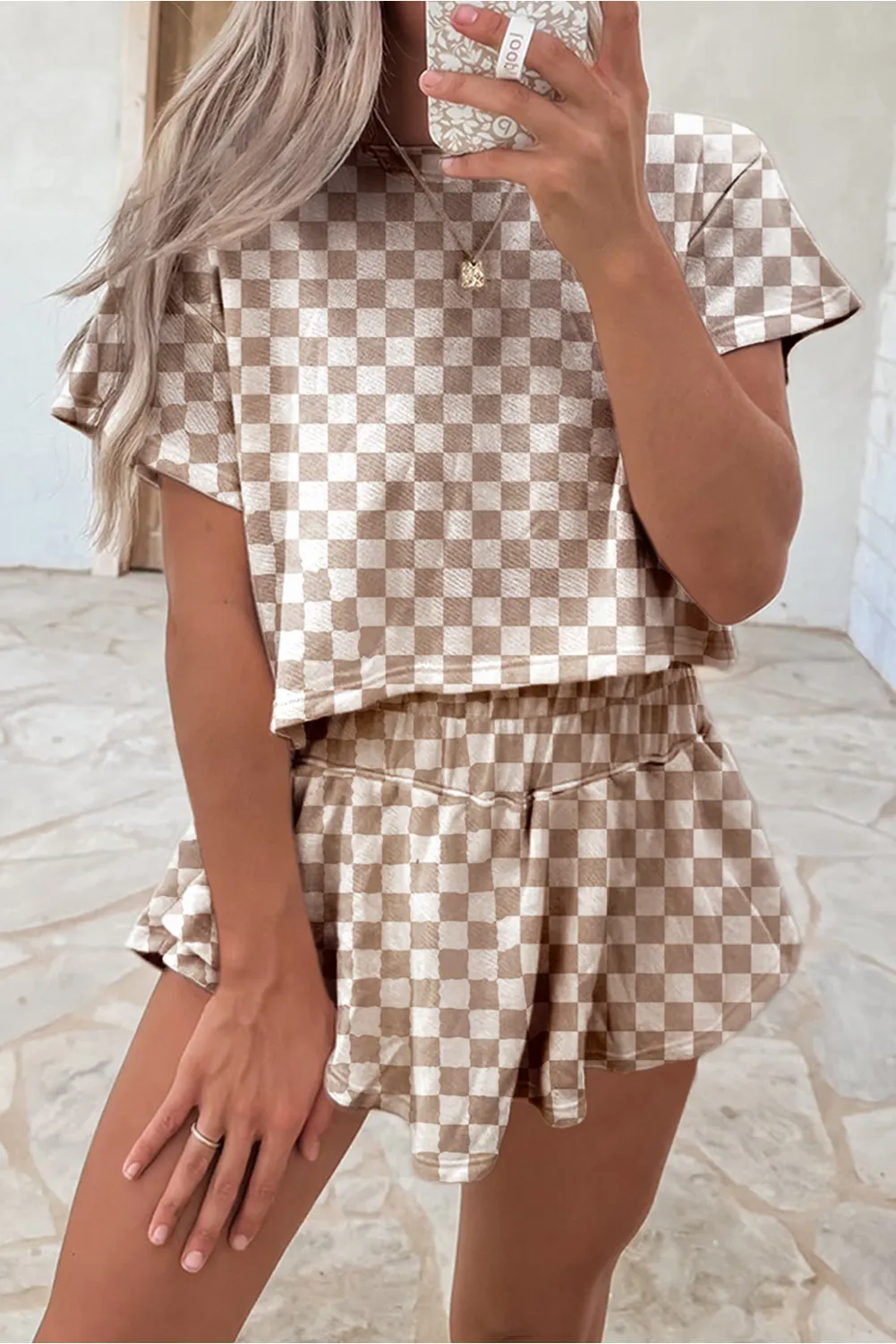 Brown Checkerboard T Shirt and High Waist Skorts 2 Piece Outfit Co-ord sold by Beagle Boutique