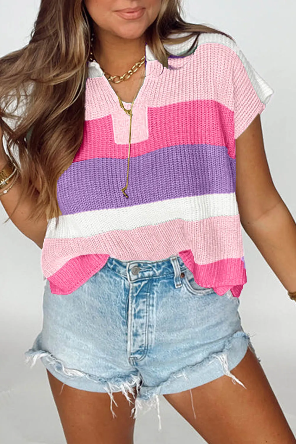 Pink Color Block Notch V Neck Sweater T Shirt sold by Beagle Boutique