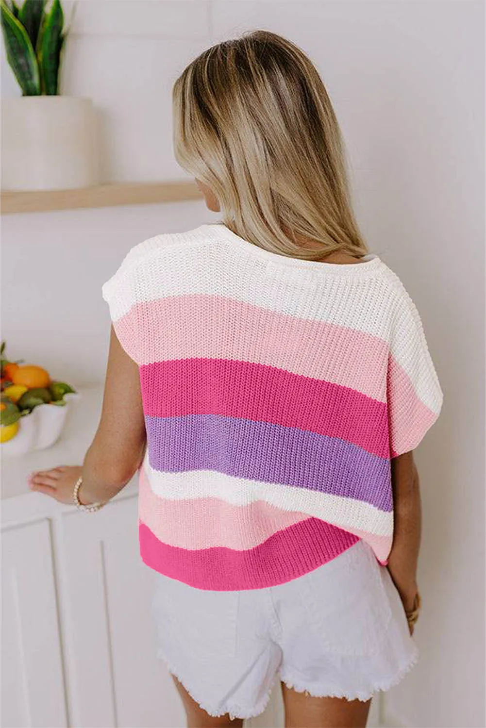 Pink Color Block Notch V Neck Sweater T Shirt sold by Beagle Boutique product image thumbnail 2