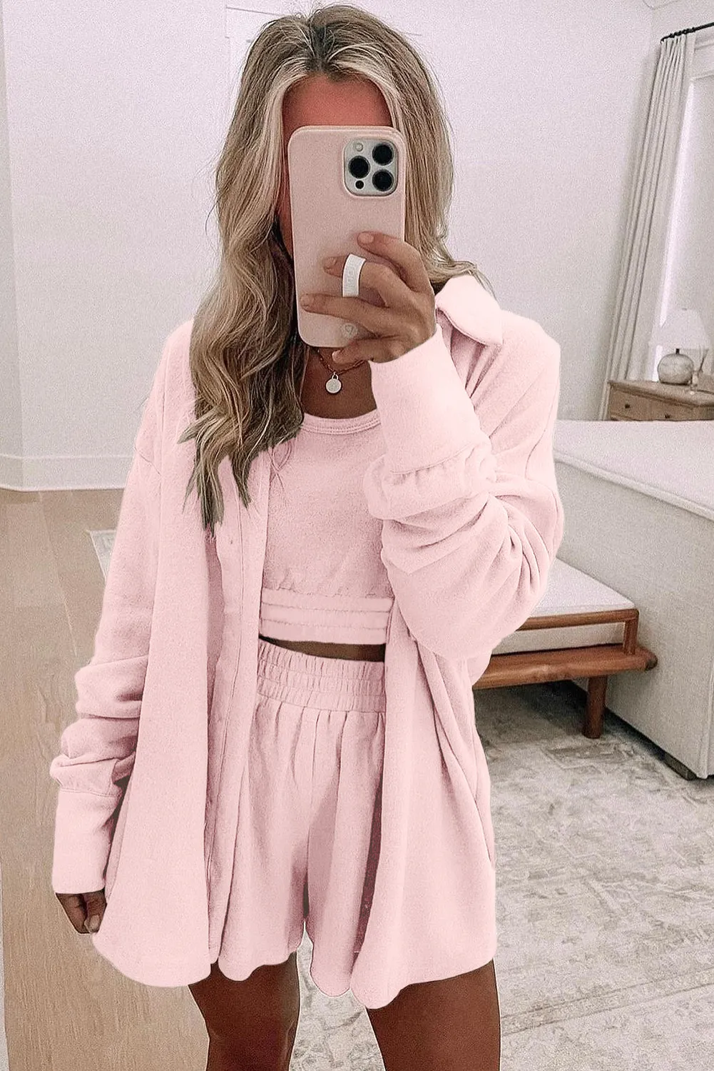 Light Pink 3 Pcs Crop Tank Top Shorts with Cardigan Lounge Set sold by Beagle Boutique product image thumbnail 2