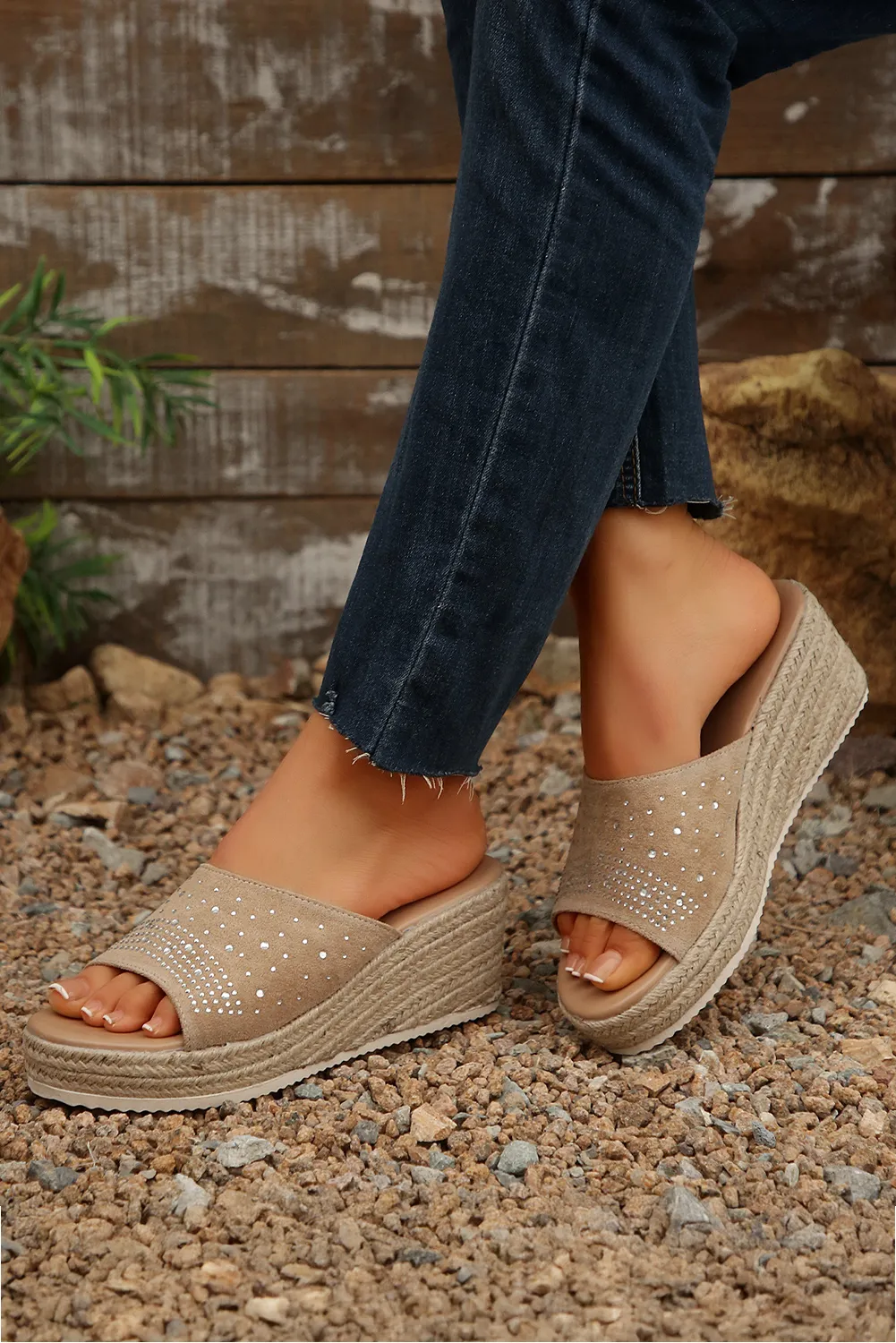 Beige Rhinestone Decor Suede Slip On Wedge Sandals sold by Beagle Boutique product image thumbnail 2
