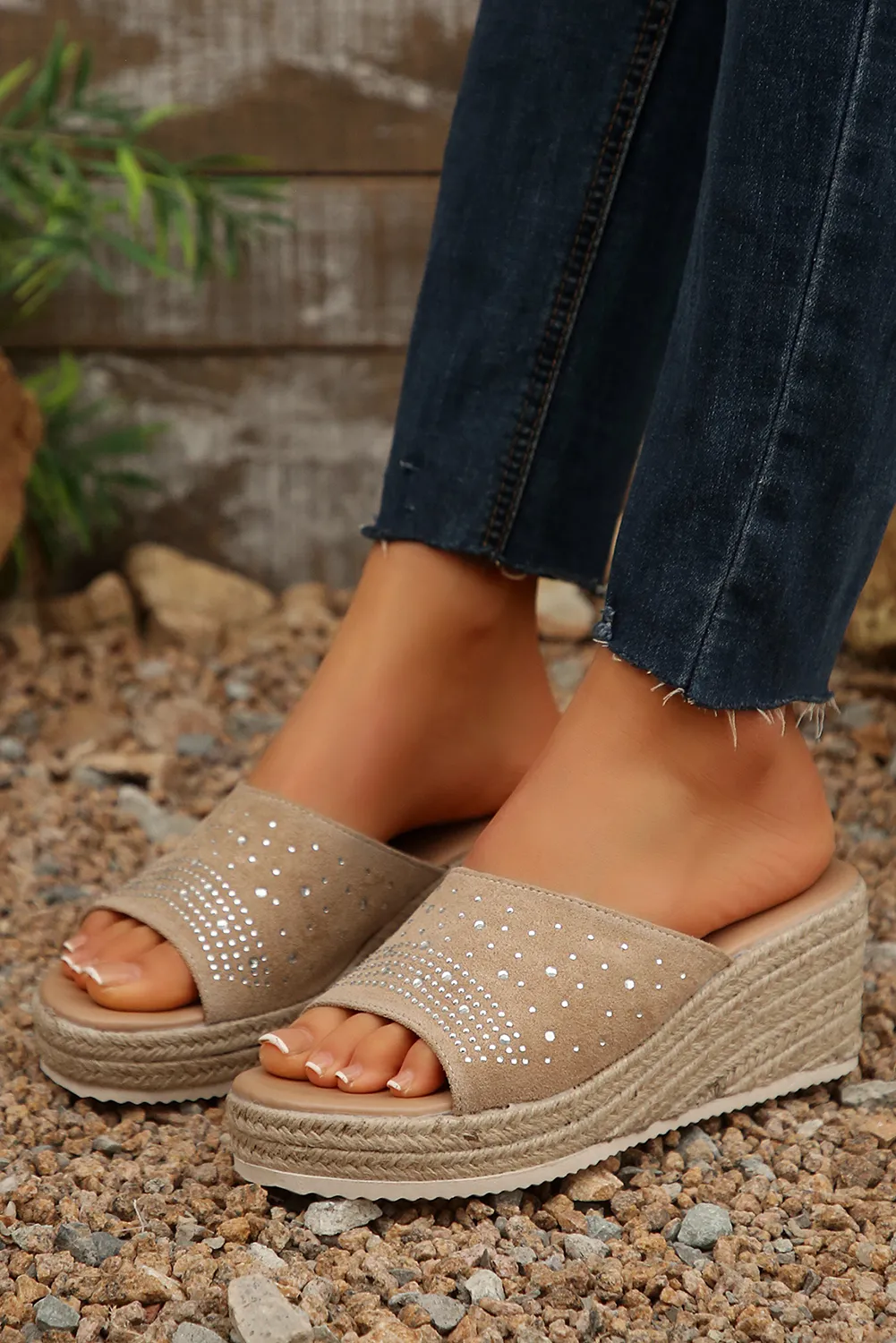 Beige Rhinestone Decor Suede Slip On Wedge Sandals sold by Beagle Boutique product image thumbnail 3