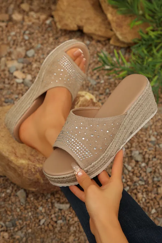Beige Rhinestone Decor Suede Slip On Wedge Sandals sold by Beagle Boutique