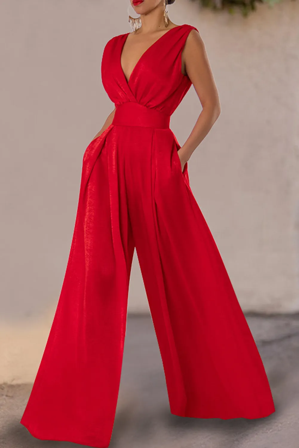Tomato Red Sleeveless Wrap Wide Leg Jumpsuit sold by Beagle Boutique product image thumbnail 2