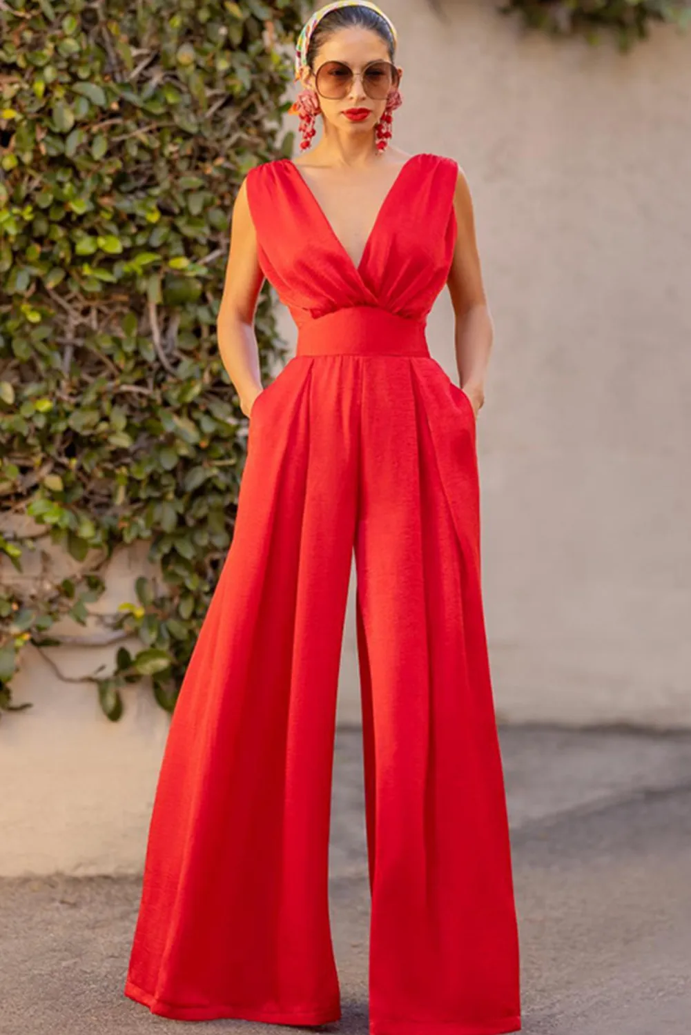 Tomato Red Sleeveless Wrap Wide Leg Jumpsuit sold by Beagle Boutique product image thumbnail 3