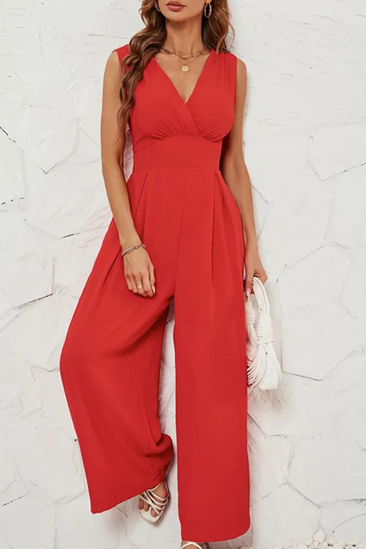 Tomato Red Sleeveless Wrap Wide Leg Jumpsuit sold by Beagle Boutique