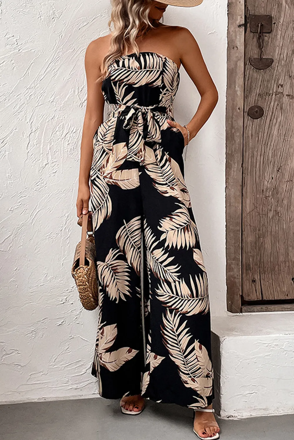 Black Tropical Print Strapless Pocket Wide Leg Jumpsuit sold by Beagle Boutique