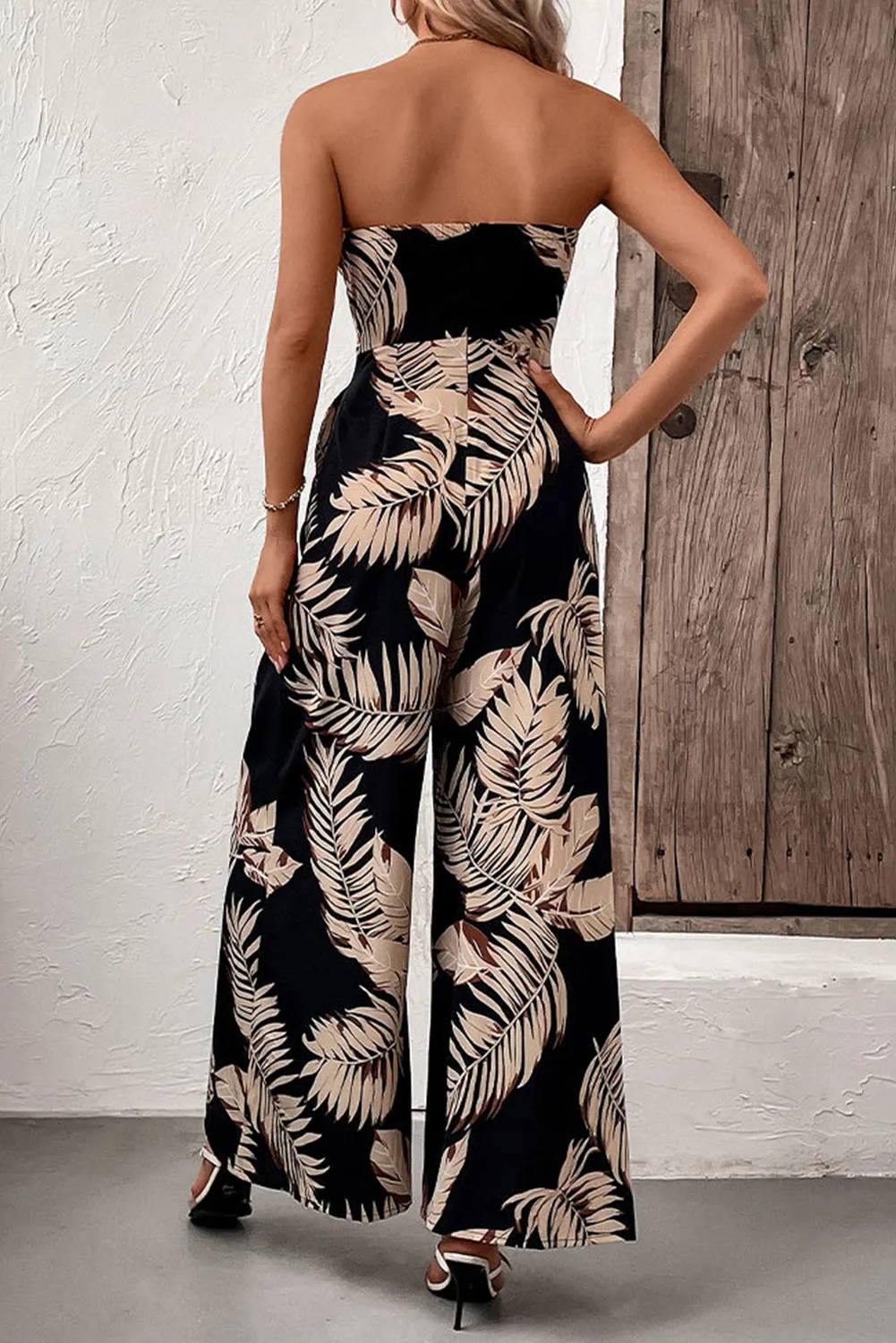 Black Tropical Print Strapless Pocket Wide Leg Jumpsuit sold by Beagle Boutique product image thumbnail 2