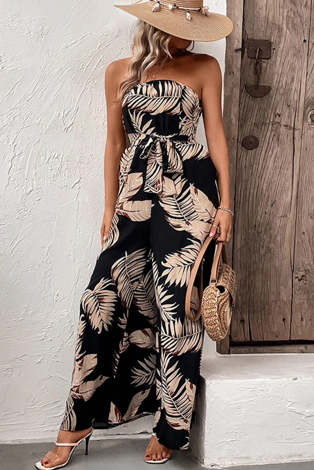 Black Tropical Print Strapless Pocket Wide Leg Jumpsuit sold by Beagle Boutique product image thumbnail 5