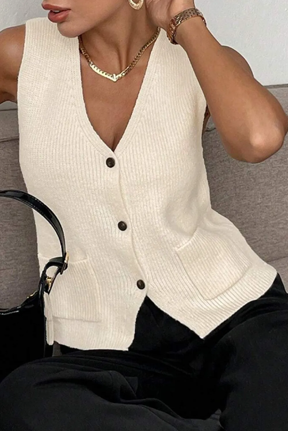 Beige V Neck Pocket Button Knit Sleeveless Top sold by Beagle Boutique product image thumbnail 3