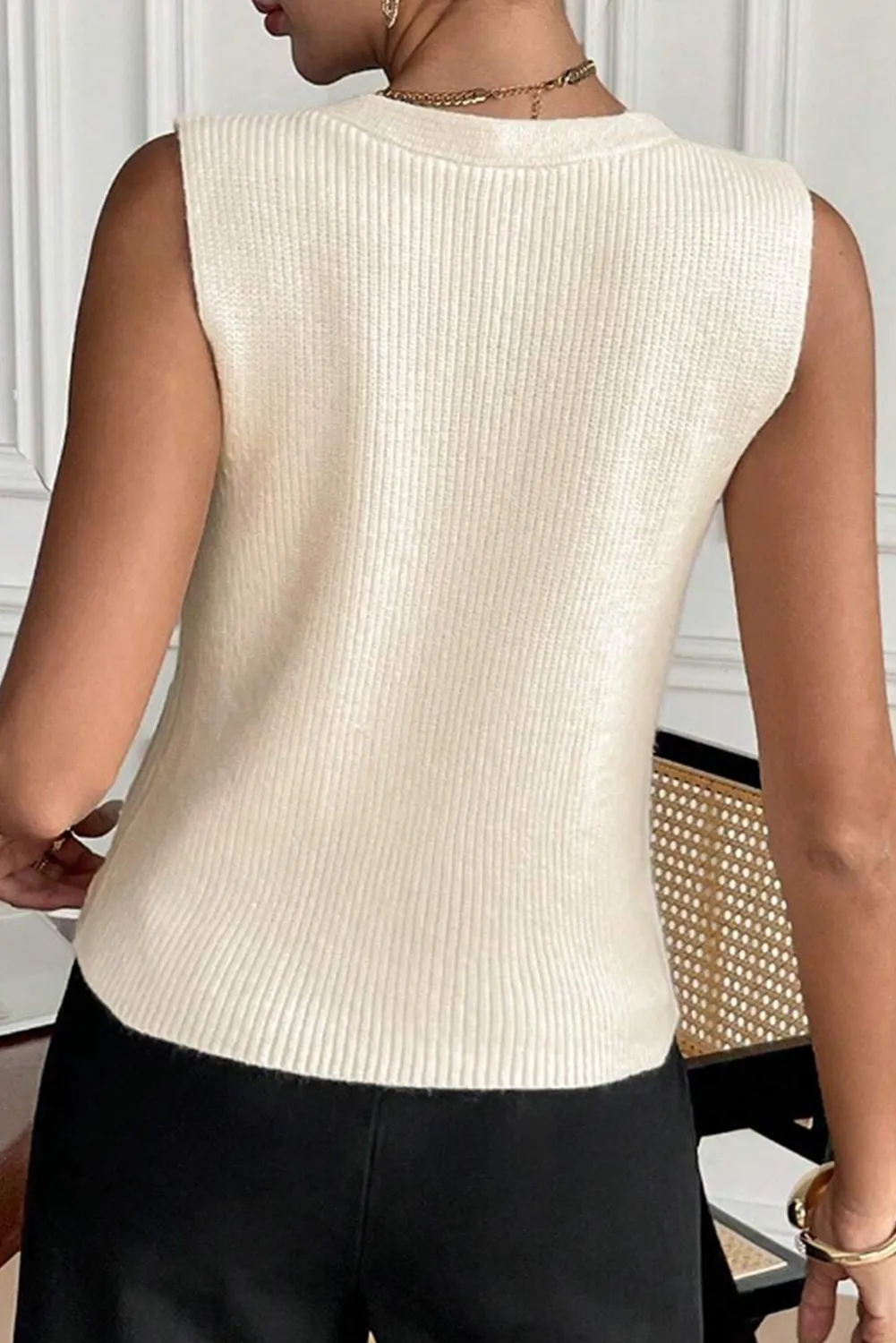 Beige V Neck Pocket Button Knit Sleeveless Top sold by Beagle Boutique product image thumbnail 2
