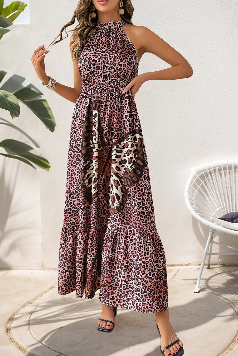 Brown Butterfly Print Leopard Print Halter Dress sold by Beagle Boutique product image thumbnail 4