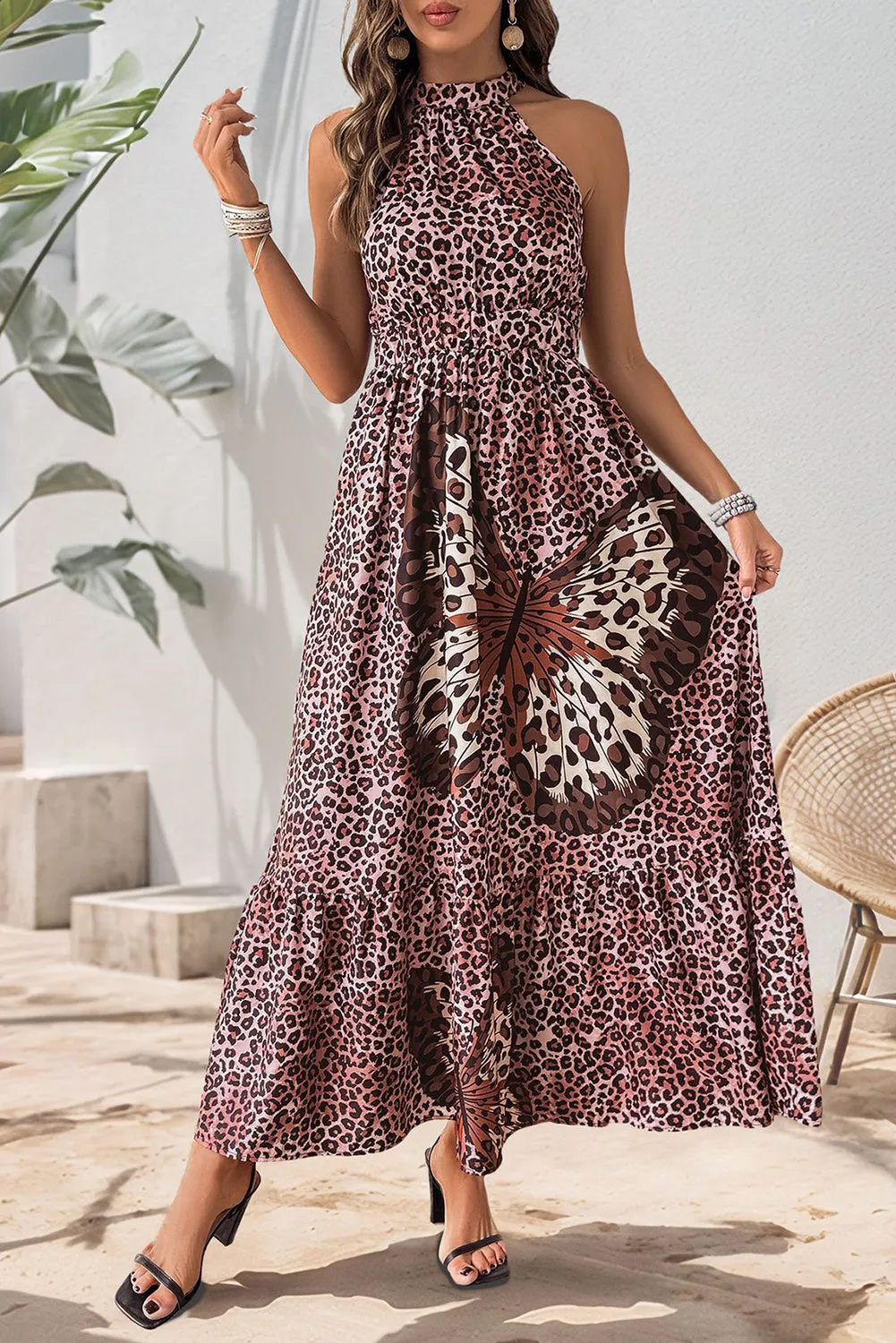 Brown Butterfly Print Leopard Print Halter Dress sold by Beagle Boutique product image thumbnail 5