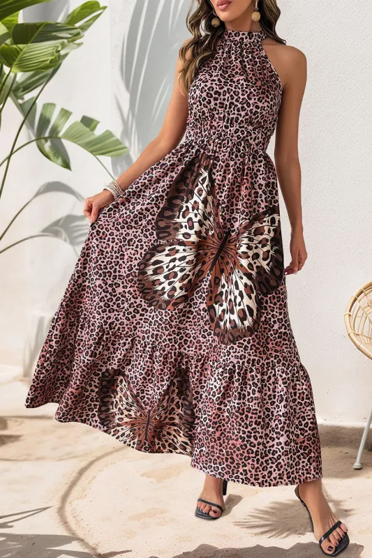 Brown Butterfly Print Leopard Print Halter Dress sold by Beagle Boutique