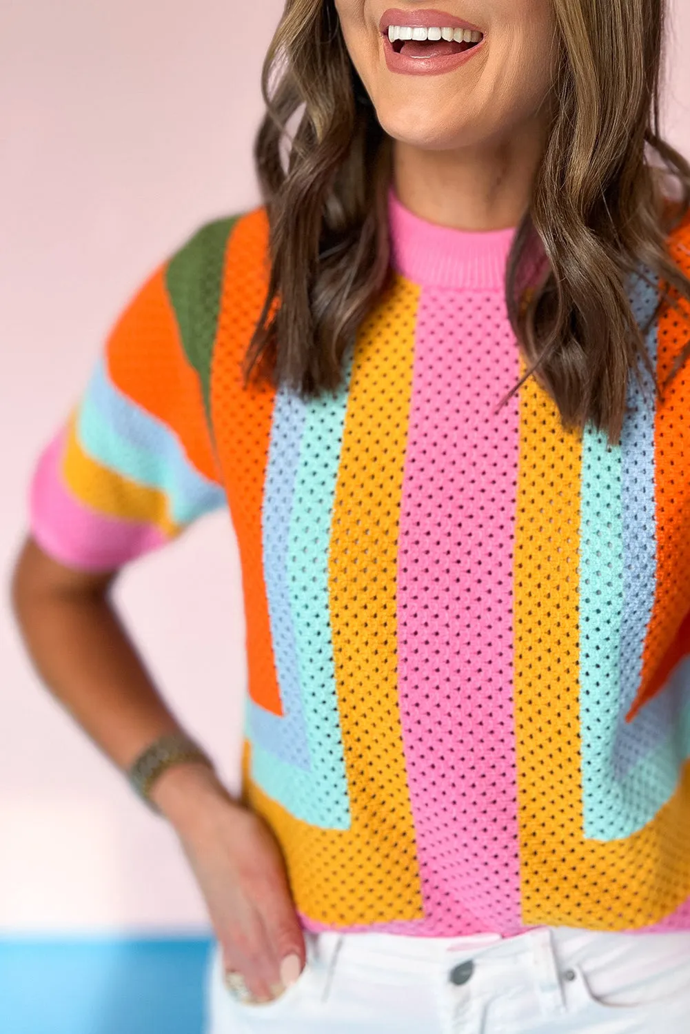 Orange Colour Block Eyelet Casual Knit T-Shirt sold by Beagle Boutique product image thumbnail 4