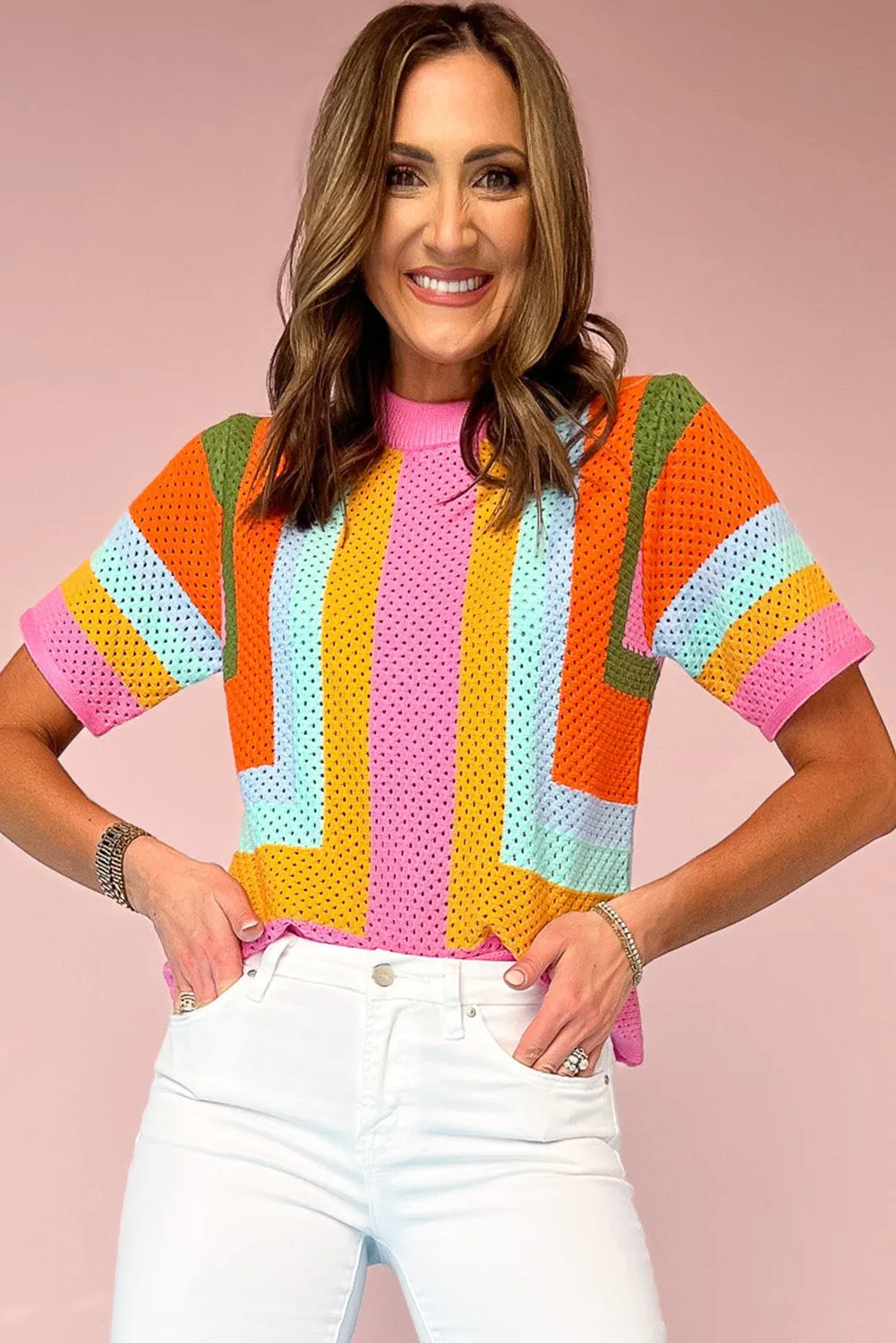 Orange Colour Block Eyelet Casual Knit T-Shirt sold by Beagle Boutique product image thumbnail 2