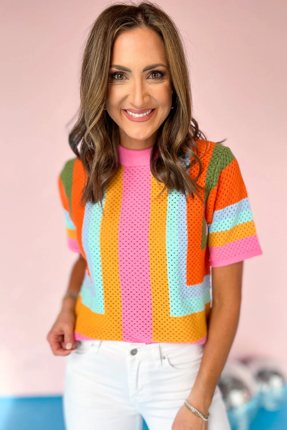 Orange Colour Block Eyelet Casual Knit T-Shirt sold by Beagle Boutique product image thumbnail 3