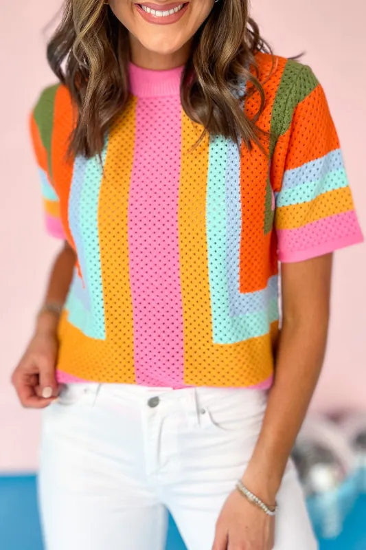 Orange Colour Block Eyelet Casual Knit T-Shirt sold by Beagle Boutique