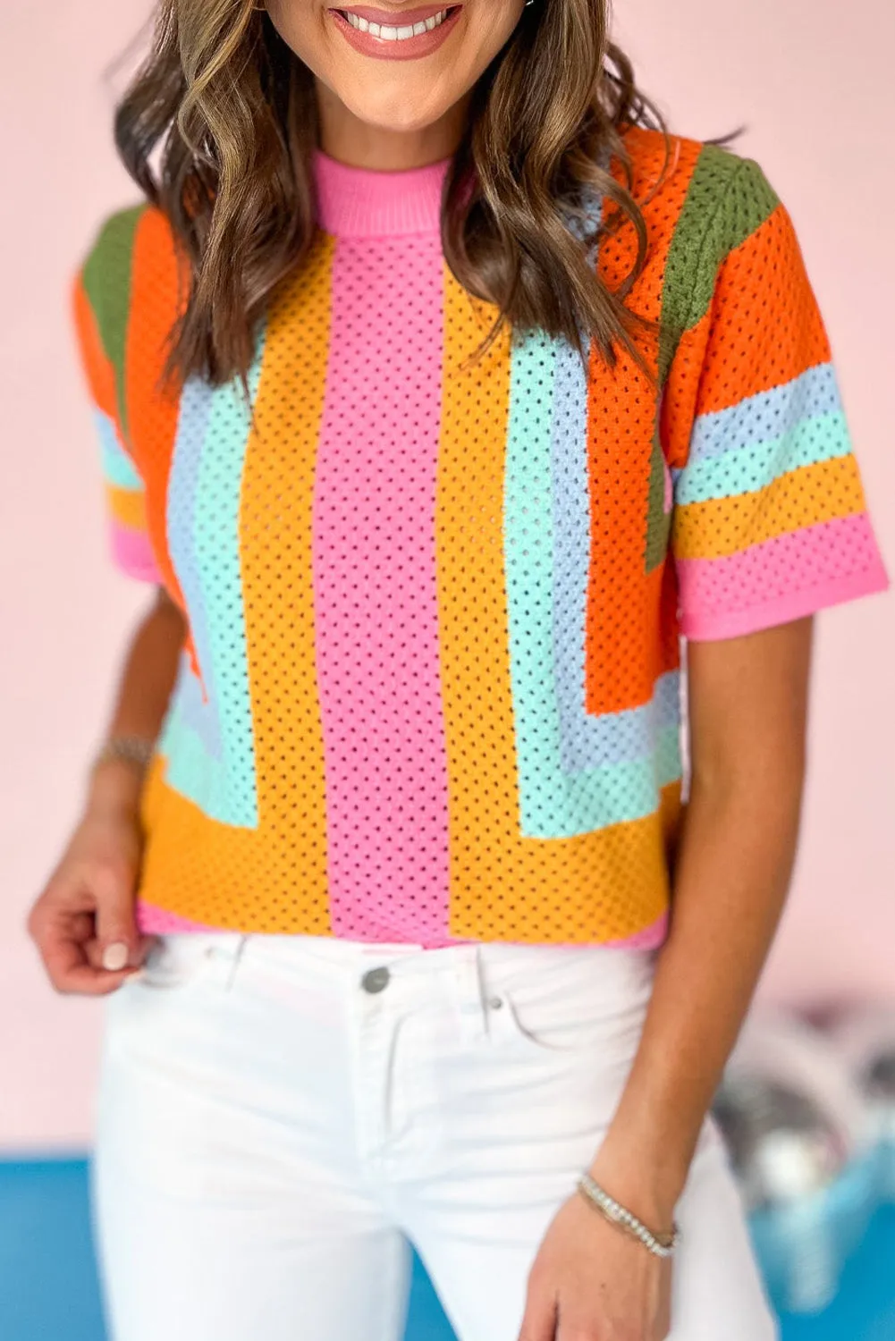 Orange Colour Block Eyelet Casual Knit T-Shirt sold by Beagle Boutique