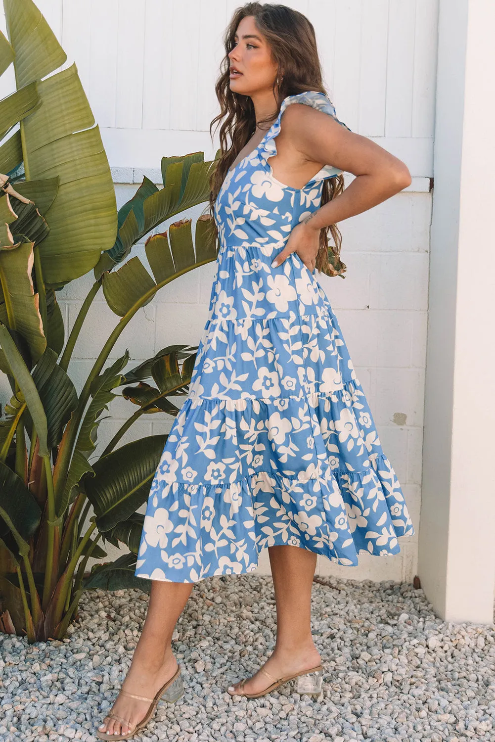 Sky Blue Floral U Neck Flutter Shoulder Tiered Flowy Midi Dress sold by Beagle Boutique product image thumbnail 3
