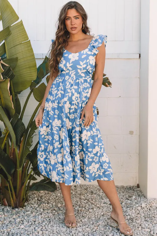 Sky Blue Floral U Neck Flutter Shoulder Tiered Flowy Midi Dress sold by Beagle Boutique