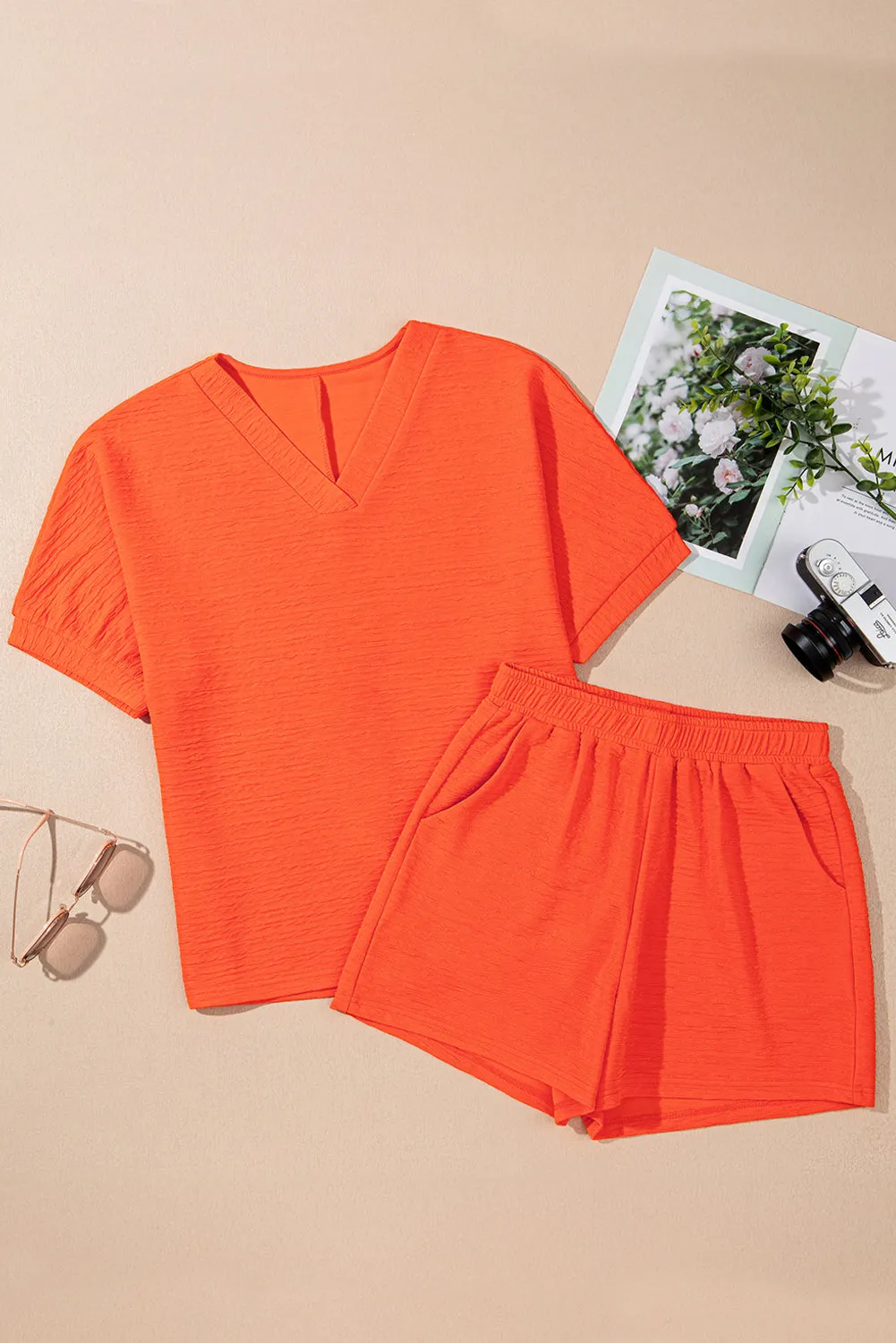 Orange Textured V Neck T Shirt and Shorts Co-ord Set sold by Beagle Boutique product image thumbnail 5