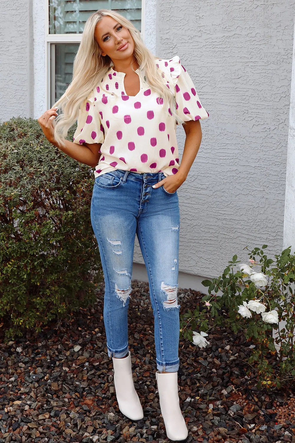 Rose Polka Dot Print Shirred Yoke Notched Neck Balloon Sleeve Blouse sold by Beagle Boutique product image thumbnail 5