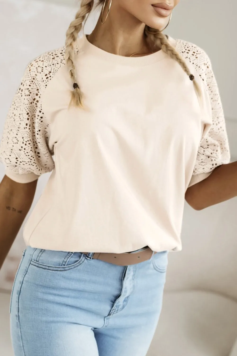 Jet Stream Lace Crochet Short Sleeve Round Neck T Shirt sold by Beagle Boutique