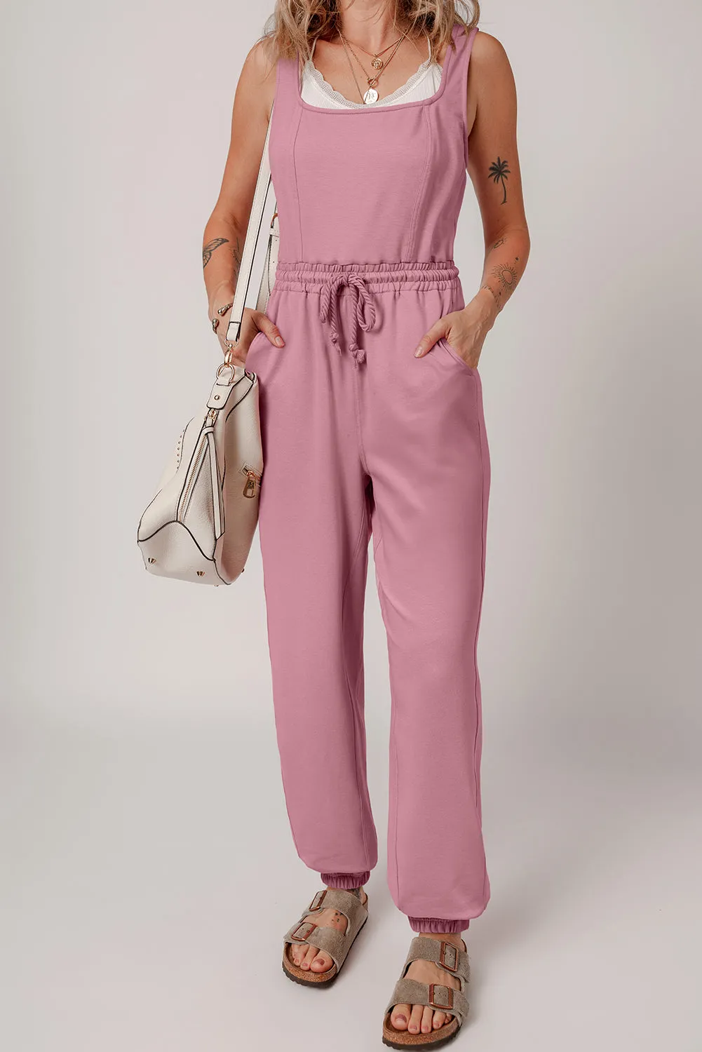 Light Pink Lace-up Elastic Waist Sleeveless Square Neck Jumpsuit sold by Beagle Boutique