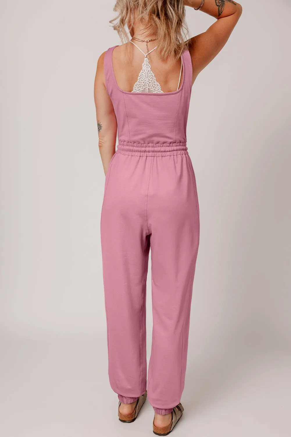 Light Pink Lace-up Elastic Waist Sleeveless Square Neck Jumpsuit sold by Beagle Boutique product image thumbnail 2