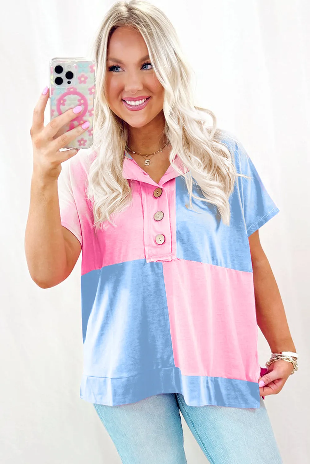 Blue Two Tone Half Buttons Collared T Shirt sold by Beagle Boutique product image thumbnail 3