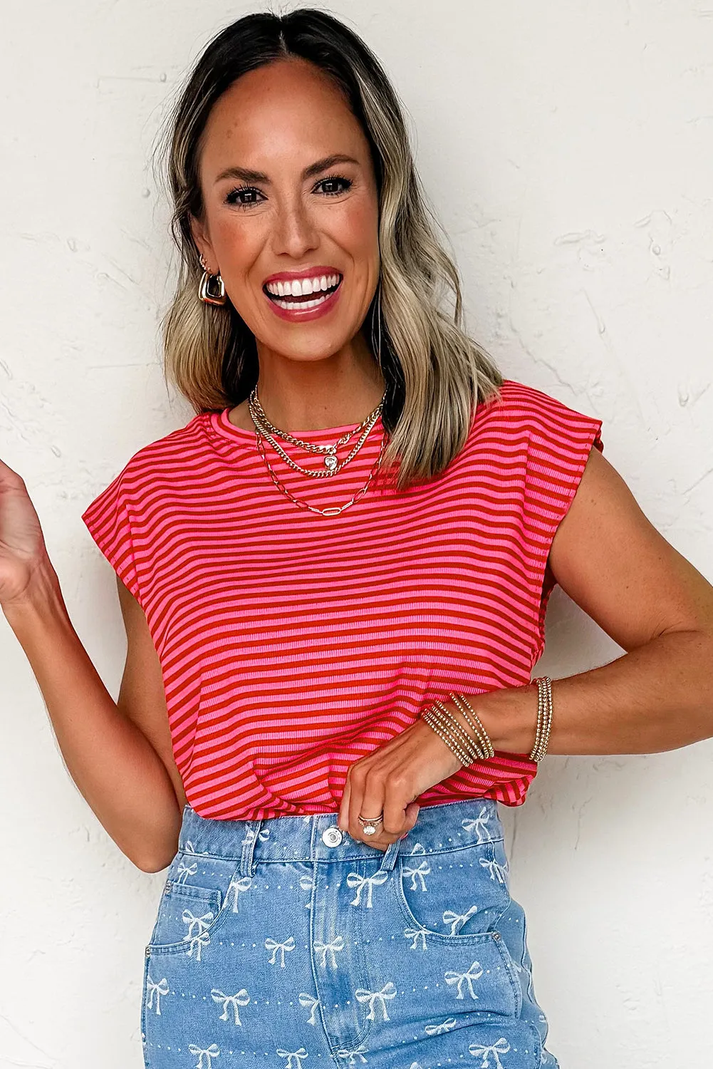 Red Stripe Ribbed Cap Sleeve Round Neck T Shirt sold by Beagle Boutique product image thumbnail 3