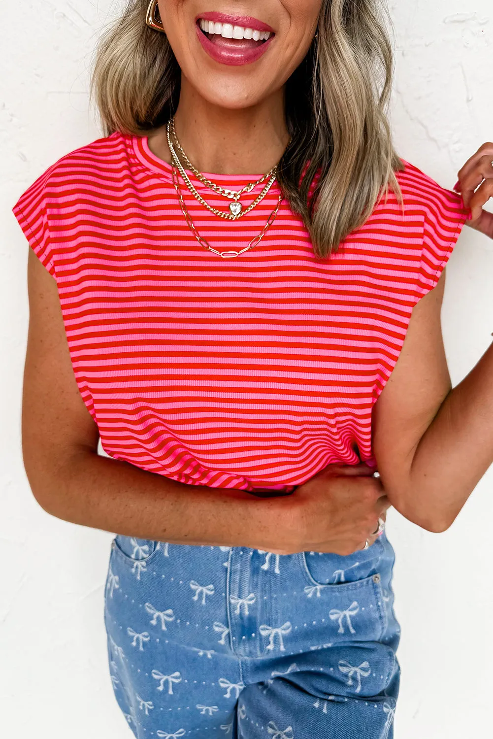 Red Stripe Ribbed Cap Sleeve Round Neck T Shirt sold by Beagle Boutique