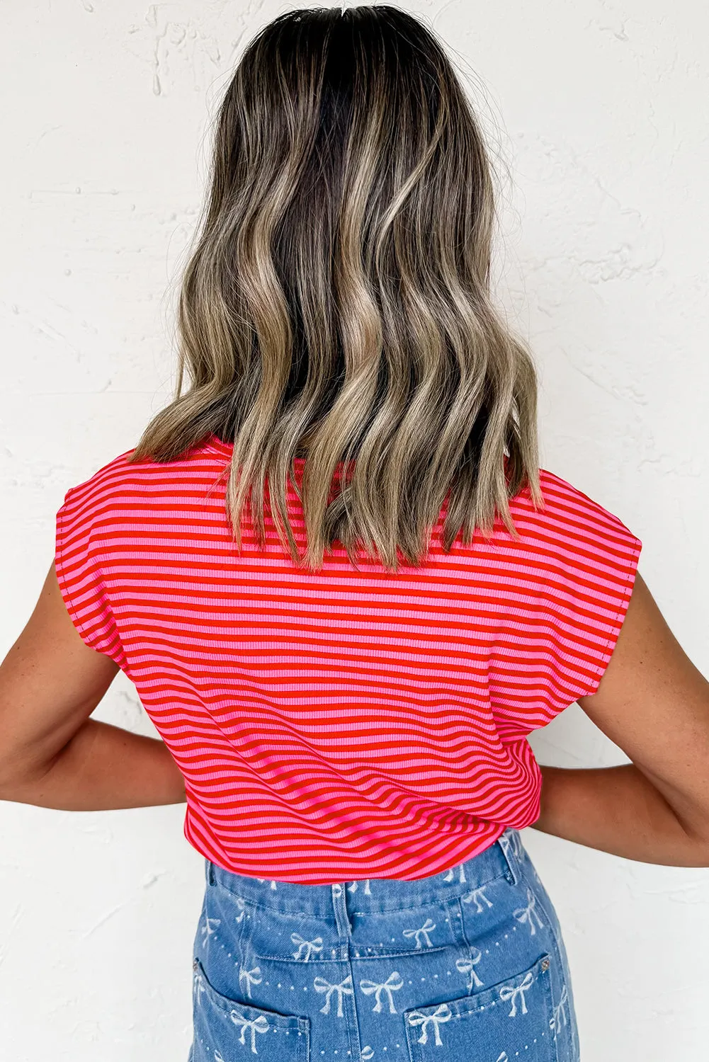 Red Stripe Ribbed Cap Sleeve Round Neck T Shirt sold by Beagle Boutique product image thumbnail 2