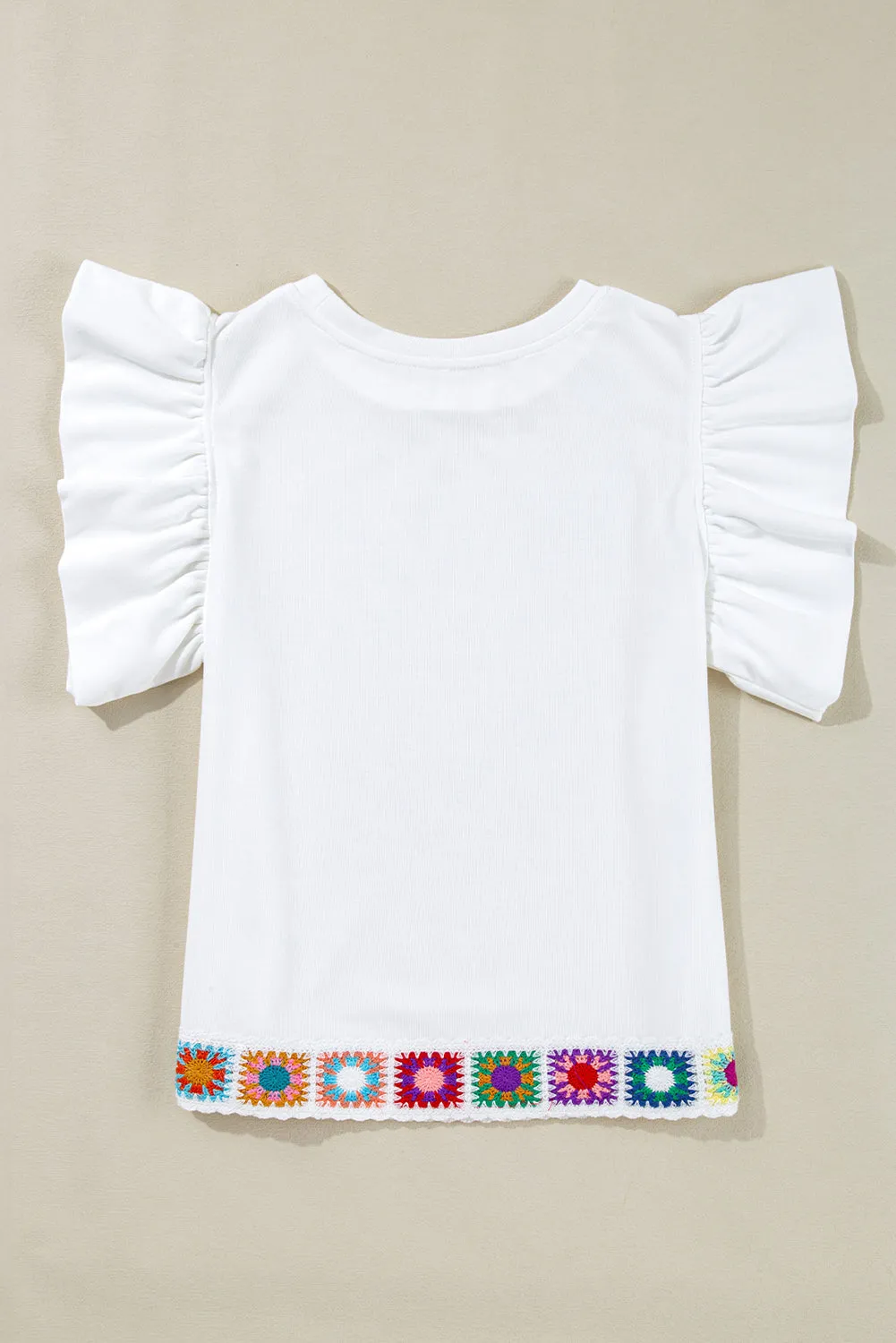 White Floral Crochet Patched Ruffled Sleeve Crewneck Blouse sold by Beagle Boutique product image thumbnail 5