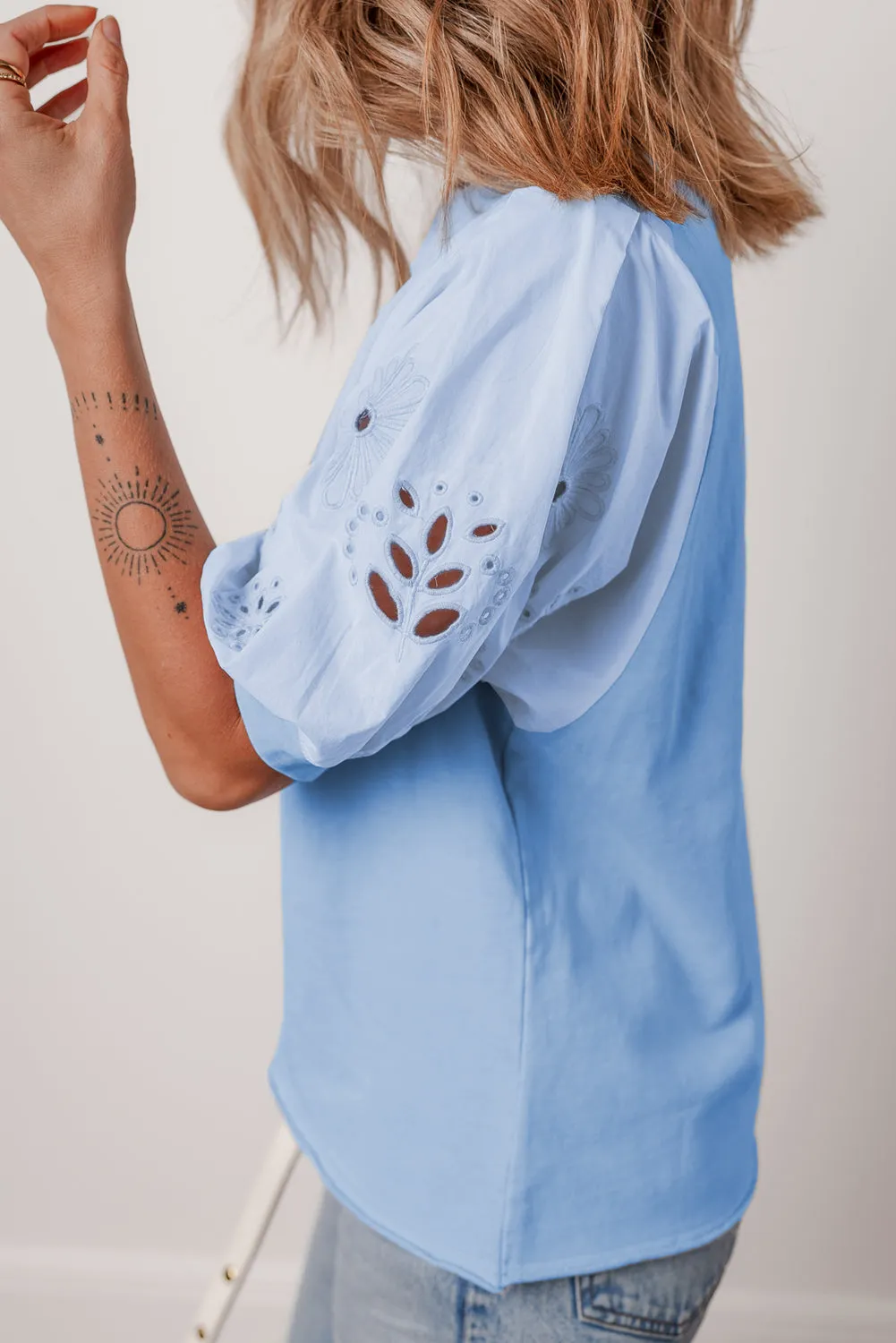 Beau Blue Eyelet Flower Embroidered Puff Short Sleeve Patchwork Crew Neck Blouse sold by Beagle Boutique product image thumbnail 3