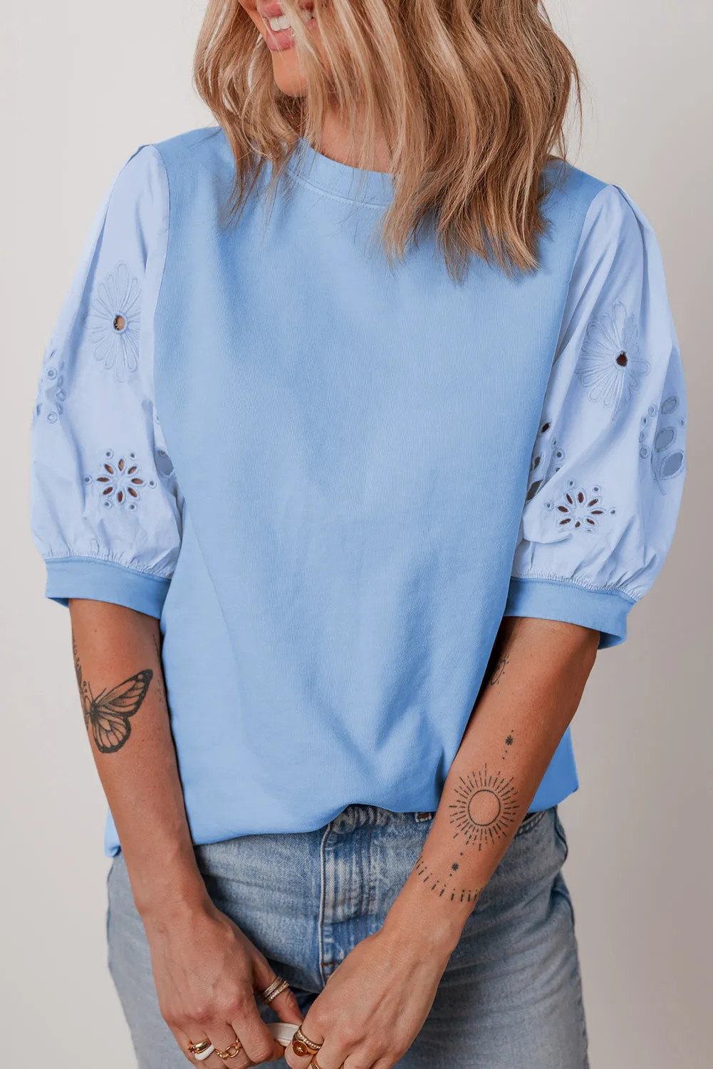 Beau Blue Eyelet Flower Embroidered Puff Short Sleeve Patchwork Crew Neck Blouse sold by Beagle Boutique product image thumbnail 4