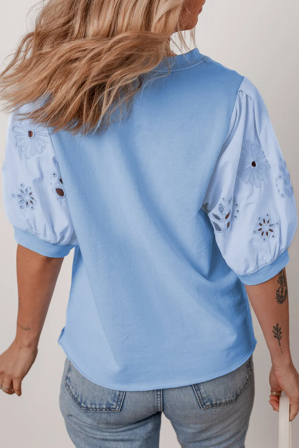 Beau Blue Eyelet Flower Embroidered Puff Short Sleeve Patchwork Crew Neck Blouse sold by Beagle Boutique product image thumbnail 2