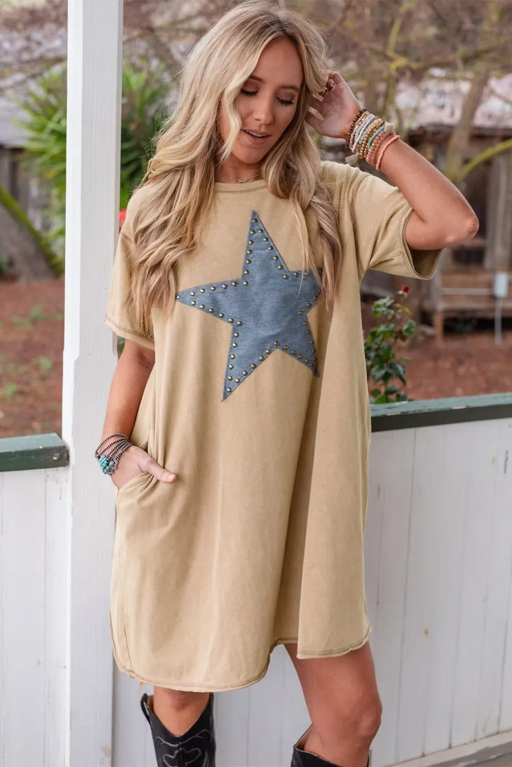 Pale Khaki Mineral Wash Stud Beaded Star Graphic Pocketed T Shirt Dress sold by Beagle Boutique product image thumbnail 5