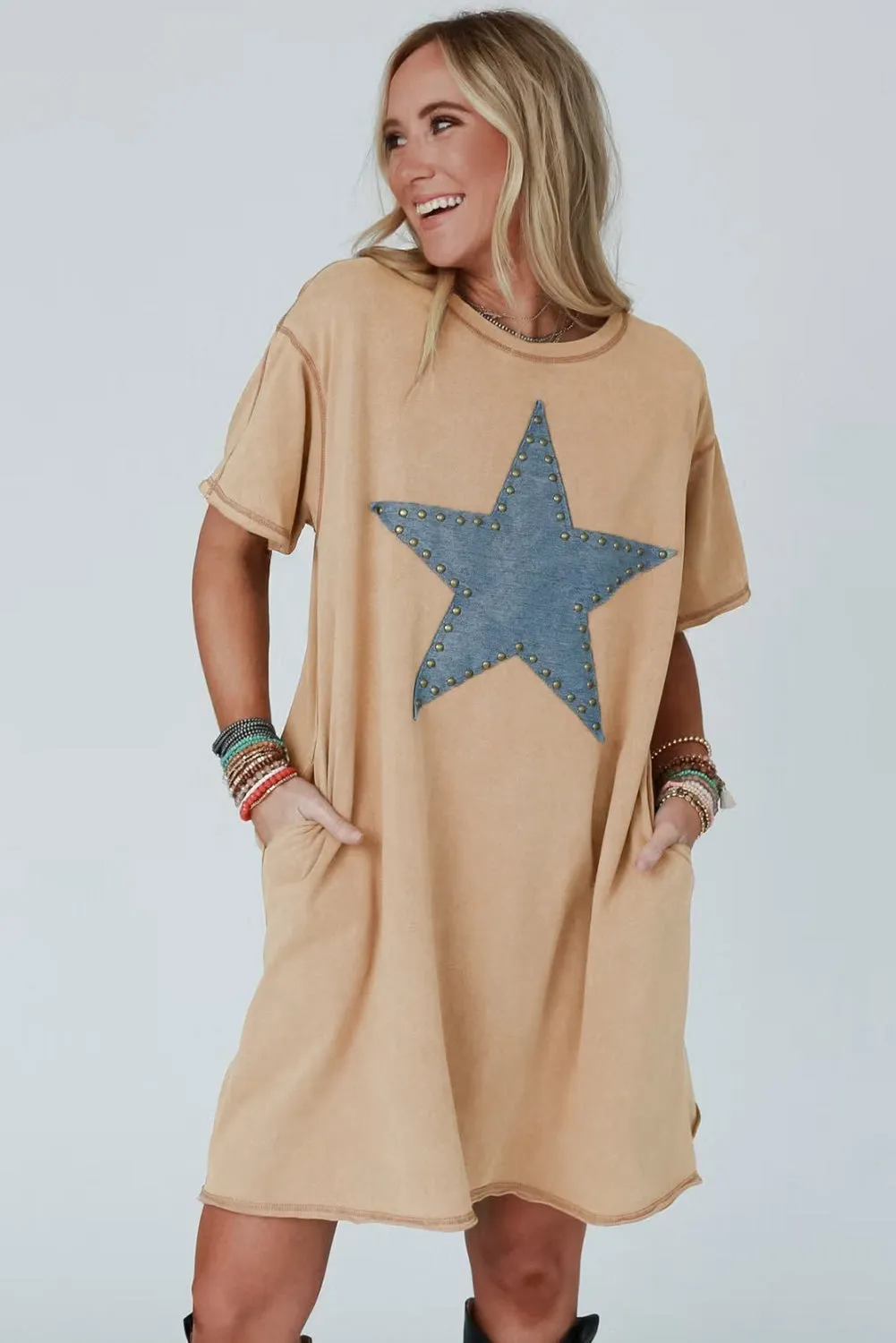 Pale Khaki Mineral Wash Stud Beaded Star Graphic Pocketed T Shirt Dress sold by Beagle Boutique product image thumbnail 4