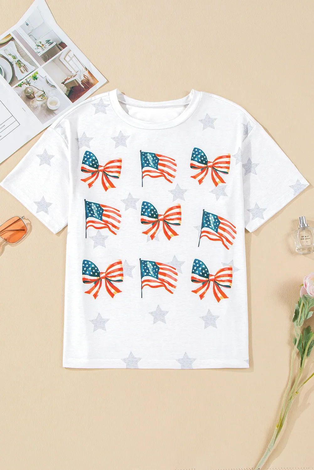 Khaki Patriotic Flag Bow Graphic Starry Round Neck T Shirt sold by Beagle Boutique product image thumbnail 2