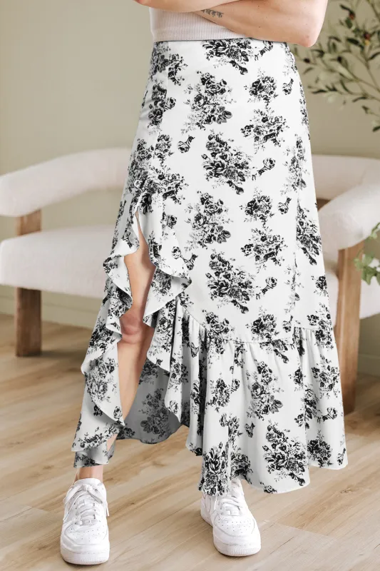 Black Boho Floral High Waist Ruffle Split Maxi Skirt sold by Beagle Boutique