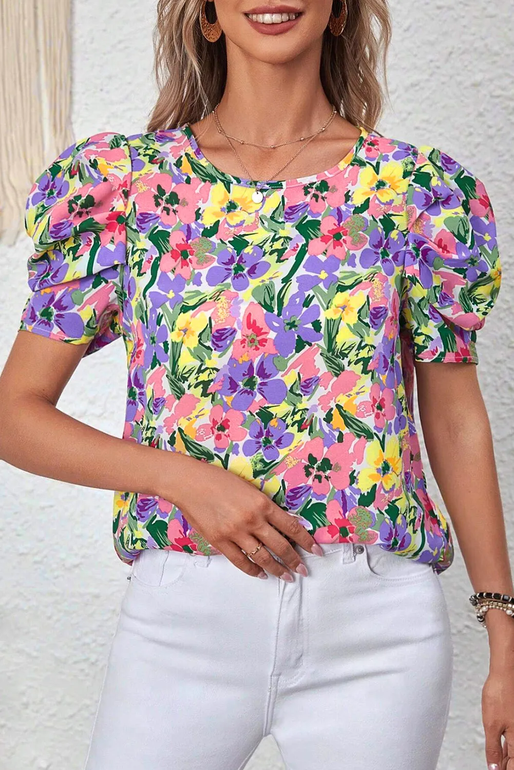 Purple Floral Print Puff Short Sleeve Crew Neck Blouse sold by Beagle Boutique