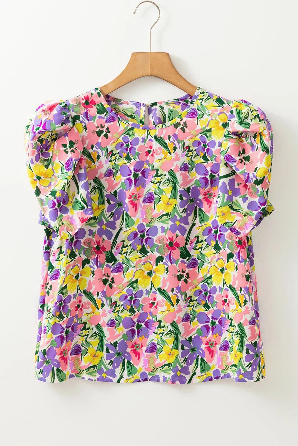 Purple Floral Print Puff Short Sleeve Crew Neck Blouse sold by Beagle Boutique product image thumbnail 5